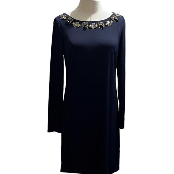 Vince Camuto Navy Long Sleeve Rhinestone Collared Sheath Lined Dress Sz 10 - Picture 1 of 10